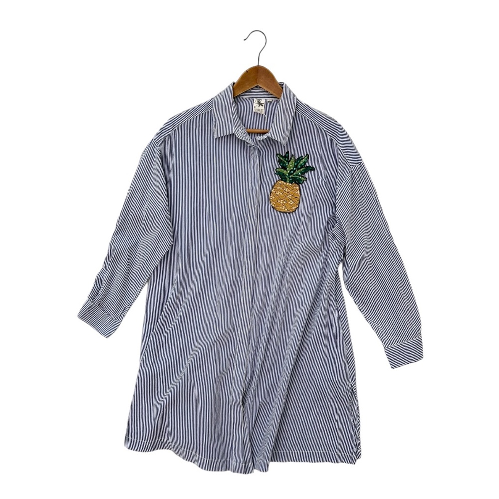 Embroidered Stripe Shirt Dress Beach Coverup Pineapple